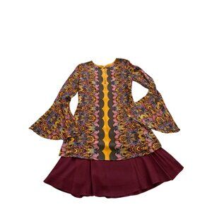 Free People Bohemian Paisley Tunic Top & Burgundy Mini Skirt Set Bell Sleeves Wo